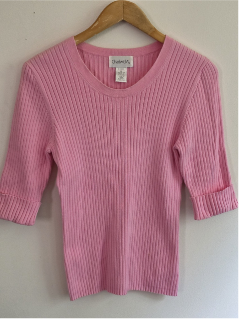Chadwick's of Boston Pink Ribbed Knit 1/2 Sleeve Sweater Top Medium Round Neck